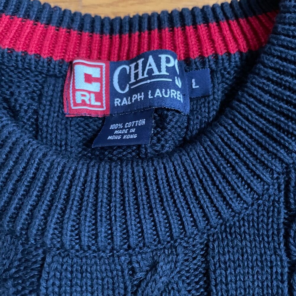 Vtg Chaps Ralph Lauren Sweater Mens L Blue Cable Knit Embroidered Crest Logo - Picture 5 of 11